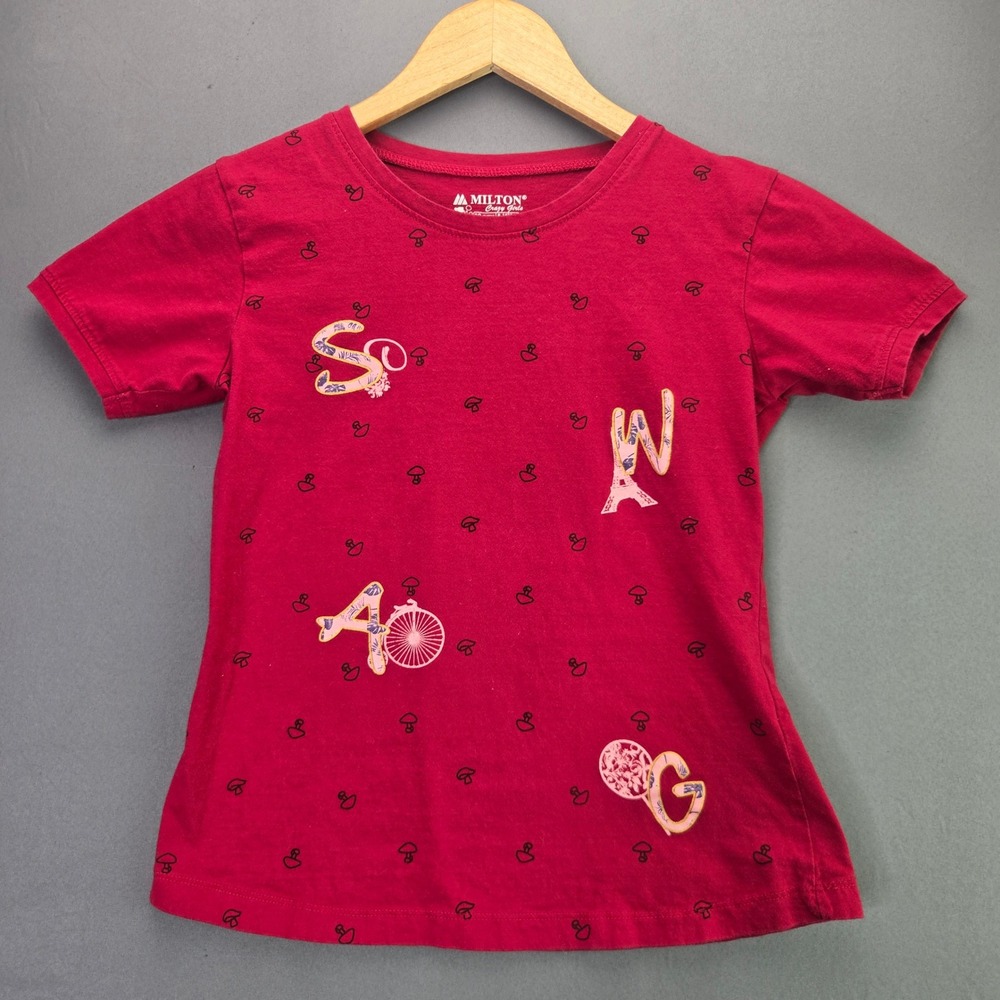 Milton Crazy Girls Graphic T-Shirt Size 8-10 Red Mushroom Bicycle Cotton Tee